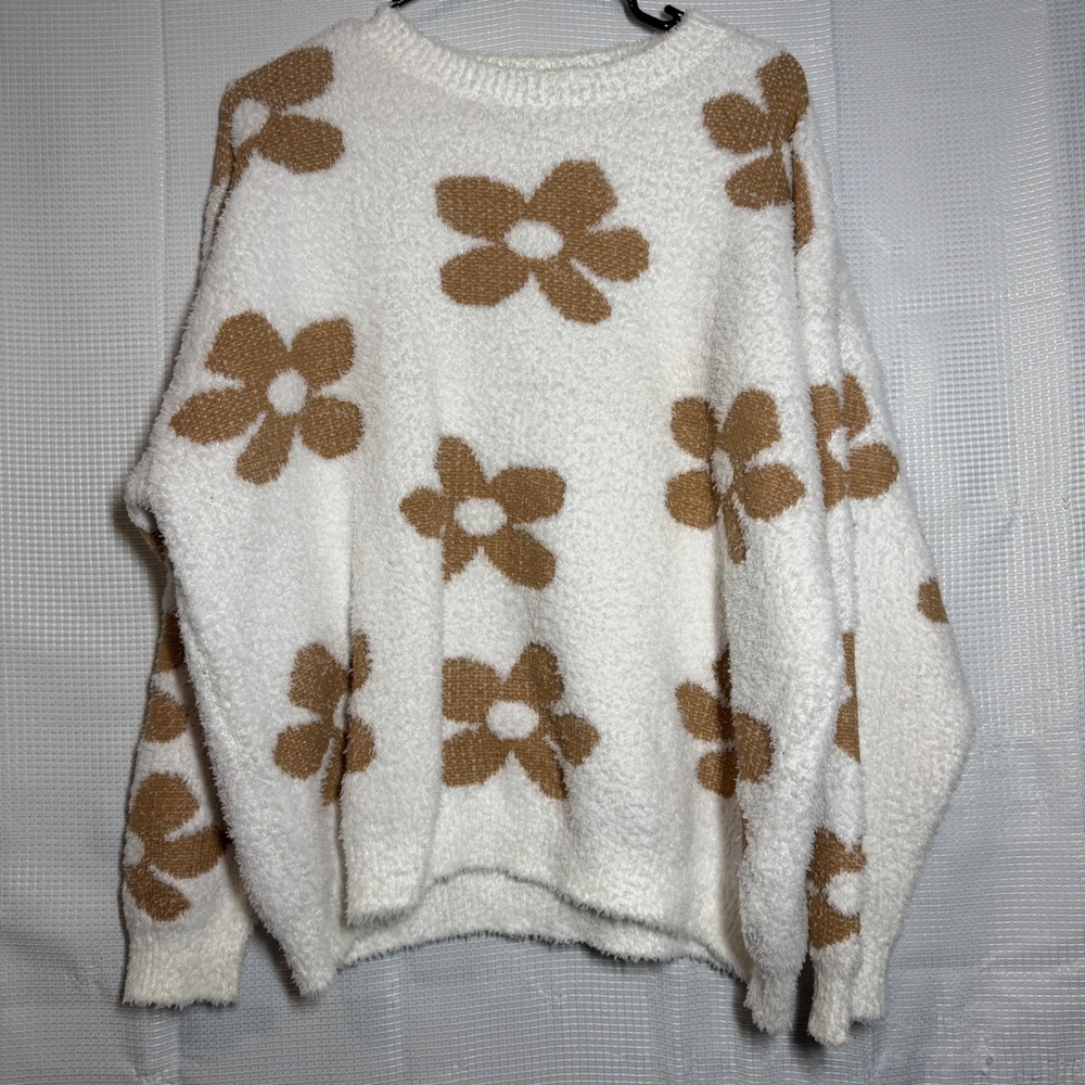 NET.153 Floral Fuzzy Knit Sweater White Tan Oversized Crewneck Boho Retro L